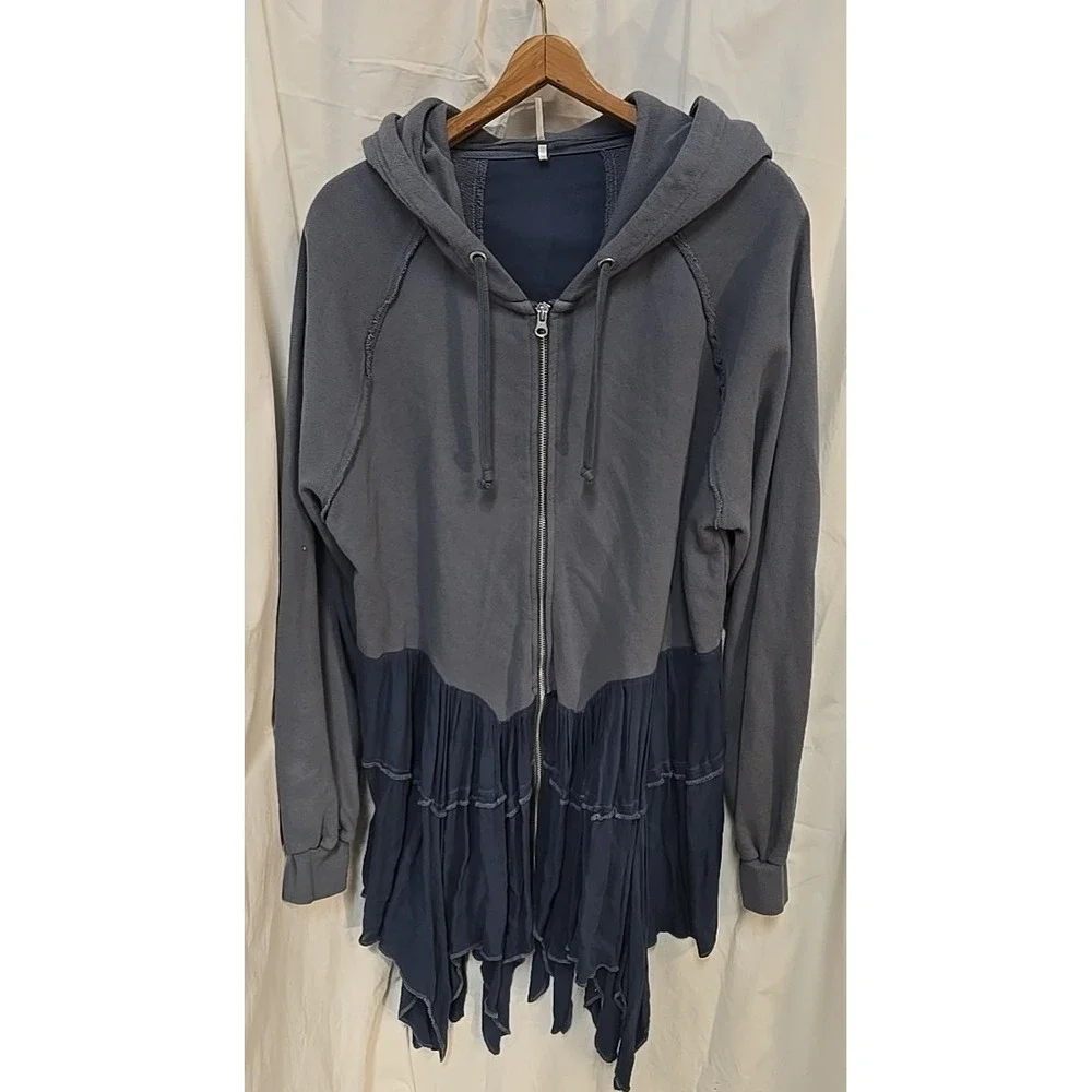 Free People Moon Dust Cardi Blue Hooded Lagenlook Sweatshirt M Boho Grunge - Picture 2 of 7